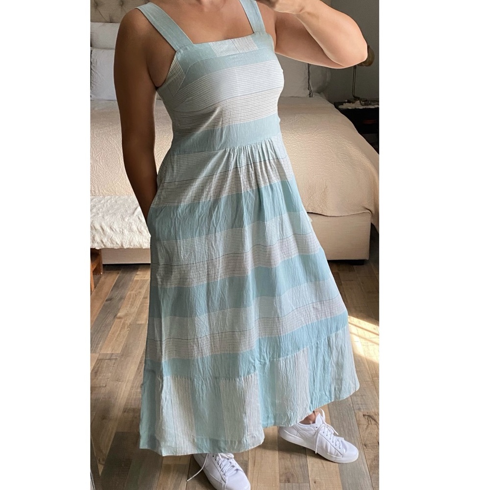 Patagonia garden island blue stripe sleeveless pocket maxi dress M